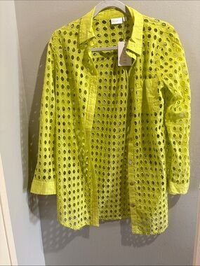 New Dotti Neon Lime/Chartreuse Eyelet Button-Front Swim Cover Up (size small)